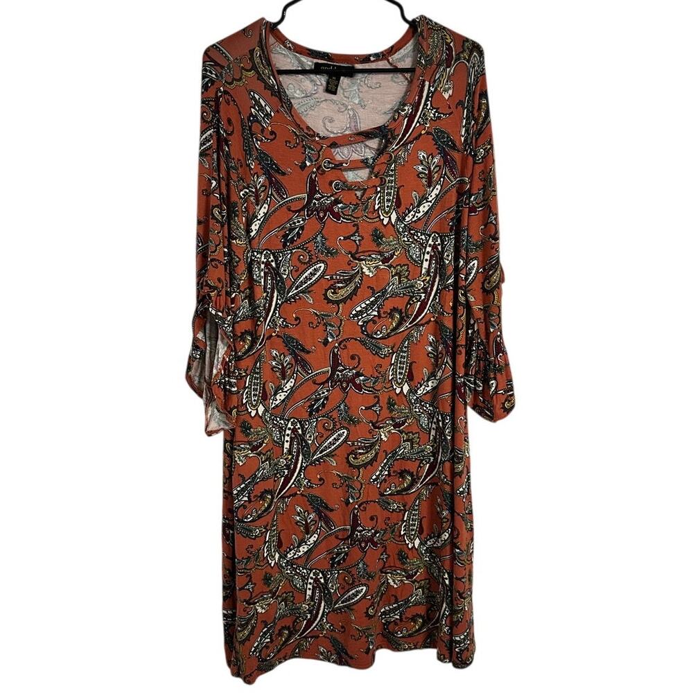 Goddess Size XL Paisley Floral Midi Dress Rust Orange V-Neck Long Sleeve